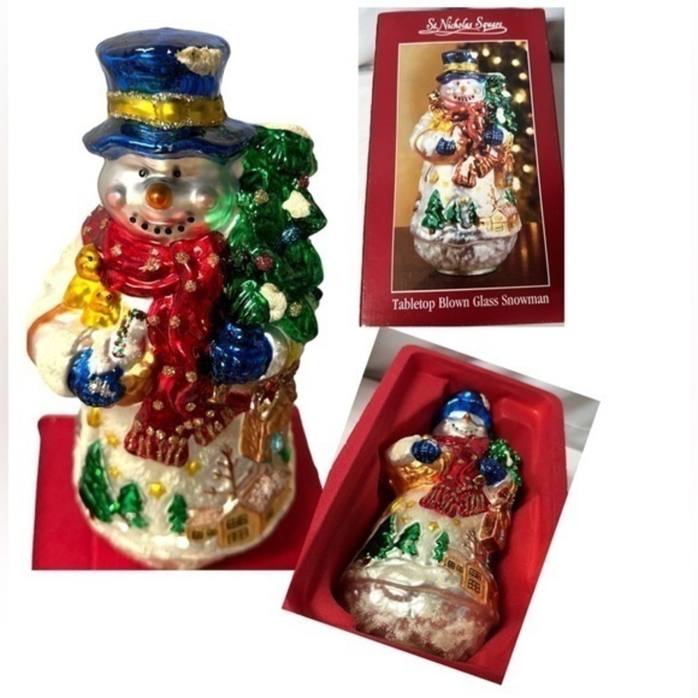 St. Nicholas Square Tabletop Blown Glass Snowman Original‎ Box!  Approx. 10”